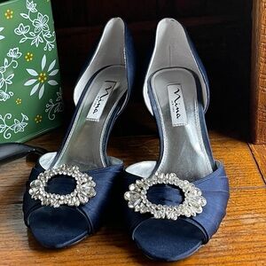 Nina Midnight Blue Satin Heels with Crystal Accents